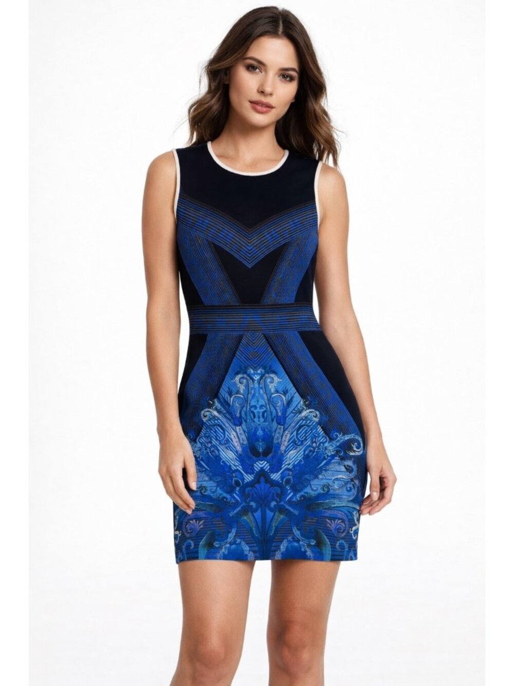 X By Gottex Dress Medium Blue Black Baroque Geometric Scuba Bodycon Party Glam
